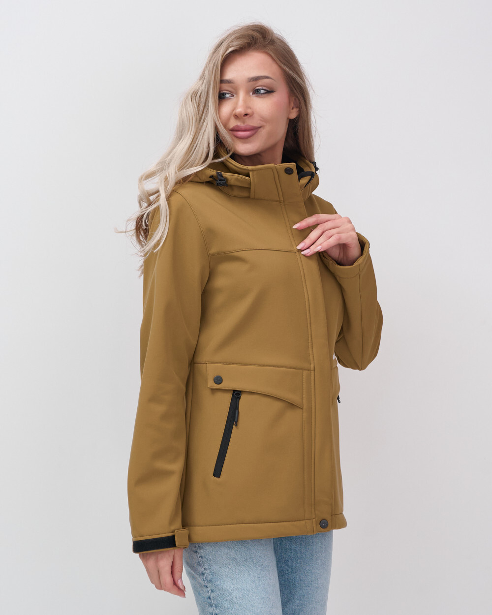 Ветровка спортивная женская с капюшоном softshell горчичного цвета 9566G