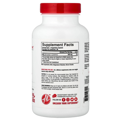 Metabolic Nutrition, NAC, 90 капсул (650 мг в 1 капсуле)
