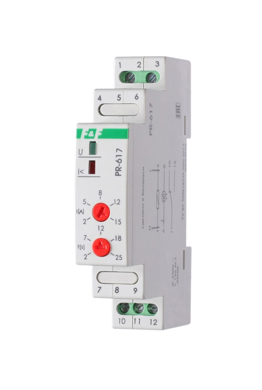 Реле контроля тока PR-617 230В 16А 1Z IP20 (диапазон контроля 2-15А) с задержкой отключения, сквозной канал