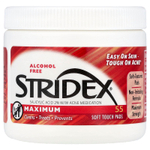 Stridex, Одношаговое средство от угрей, максимальная сила, без спирта, 55 мягких салфеток
