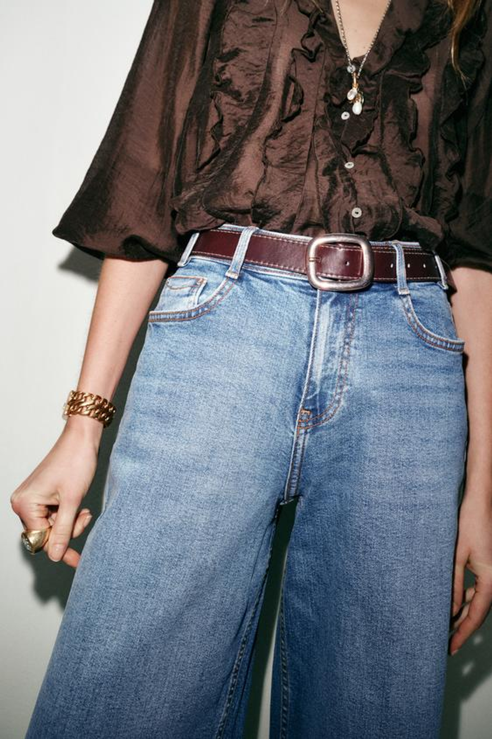 ZARA ДЖИНСЫ Z.10 КЮЛОТЫ С ВЫСОКОЙ ПОСАДКОЙ И РЕМНЕМ, ВЫЦВЕТШИЙ СИНИЙ