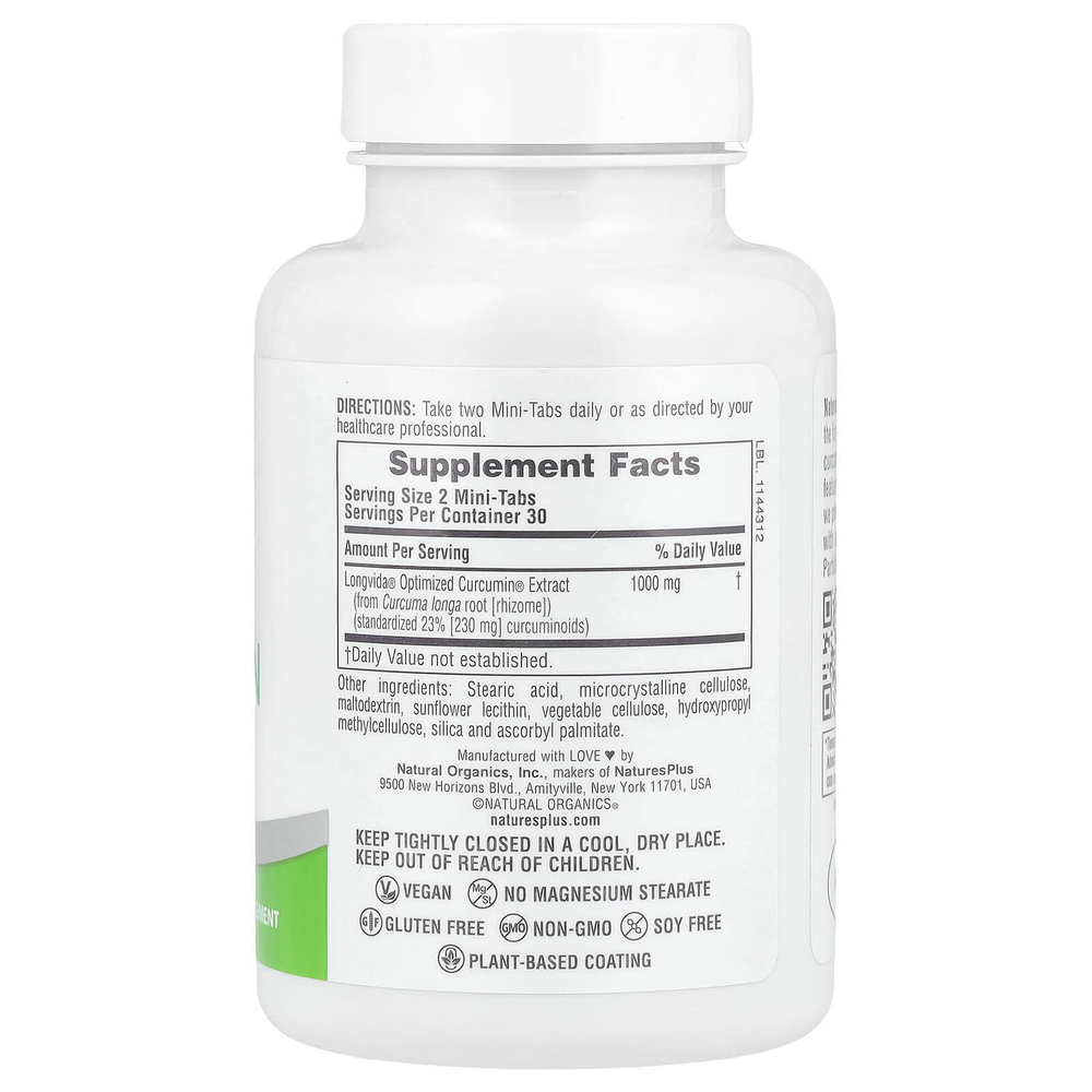 NaturesPlus, Pro Longvida®, куркумин 1000, 60 мини-таблеток (500 мг в таблетке)