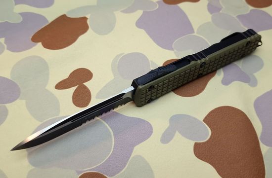 Автоматический нож Microtech MT_121-2FRGTODS Ultratech S/E, рук-ть алюм./зелен. G10 Frag Patter, клинок 1/2 серрей