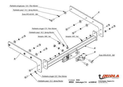 Фаркоп IMIOLA W.024 Volkswagen Transporer T4 шасси 1990-2002(паспорт и сертификат в комплекте)(без электрики)