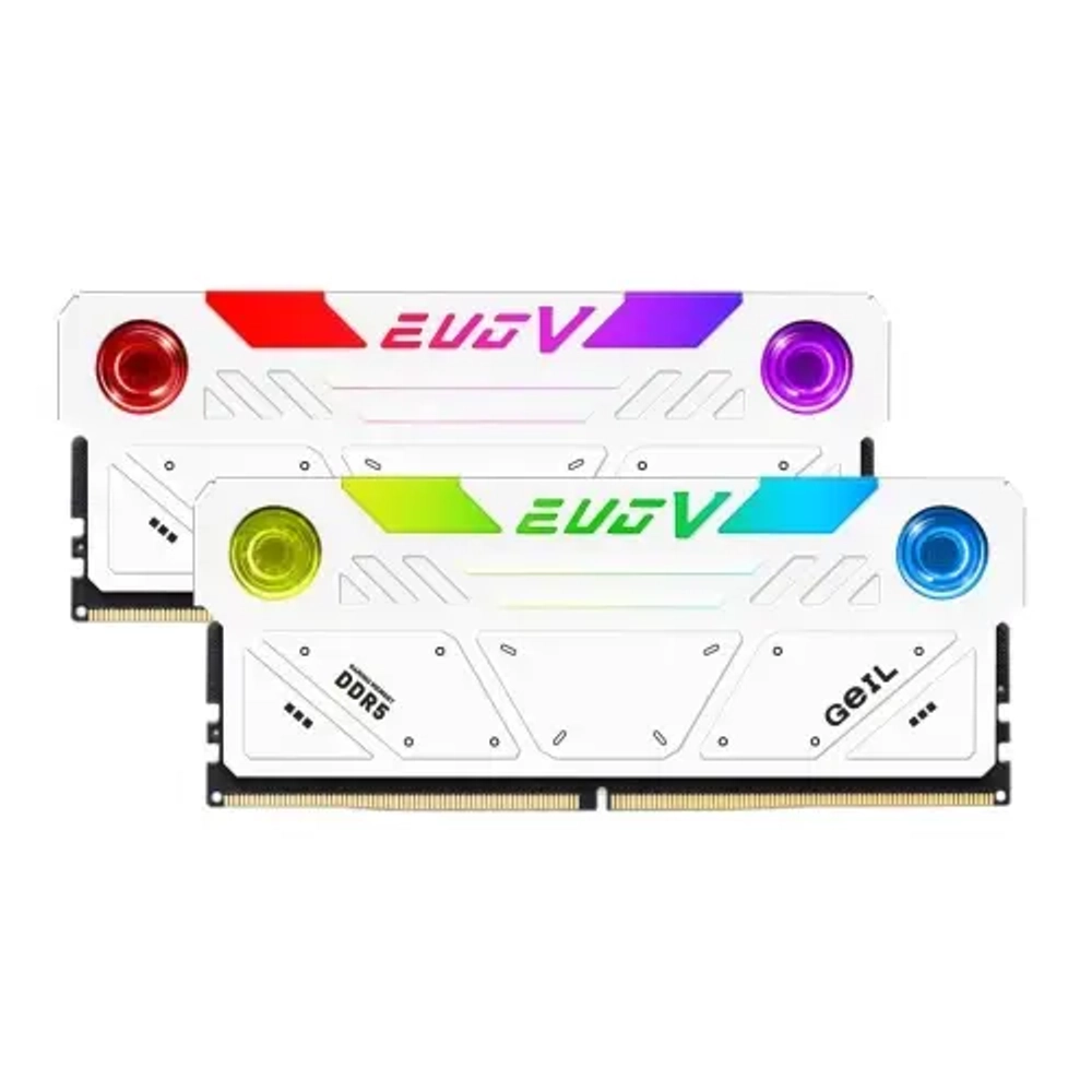 Оперативная память с RGB подсветкой 32GB Kit (2x16GB) GEIL EVO V RGB 8000Mhz DDR5 PC5-64000 38-48-48-100 1.45V GESW532GB8000C38ADC White (интегрирована система охлаждения с двумя вентиляторами)