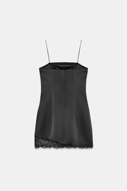 ZARA КОРОТКОЕ АТЛАСНОЕ ПЛАТЬЕ С КРУЖЕВОМ, ЧЕРНЫЙ