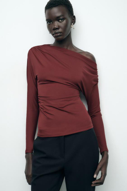 ZARA АСИММЕТРИЧНЫЙ ТОП СО СБОРКАМИ, ЦВЕТ БУРГУНДСКОГО ВИНА