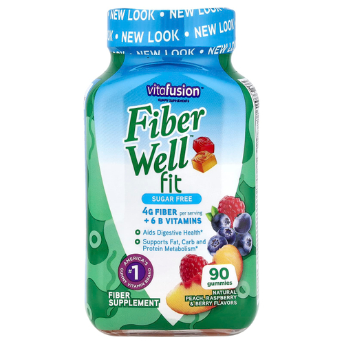 VitaFusion, FiberWell Fit, витамины, без сахара, вкус натурального персика, малины и ягод, 90 жевательных таблеток