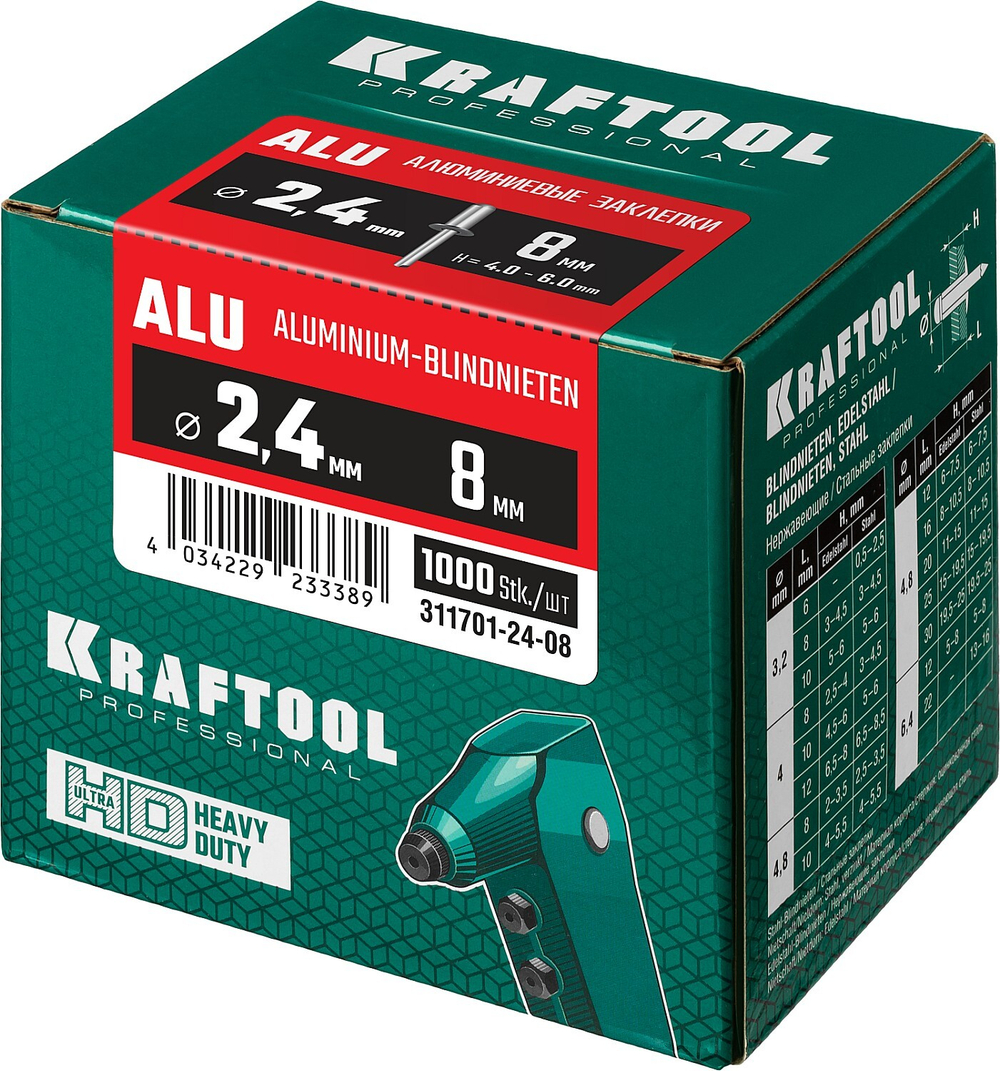 KRAFTOOL Alu (Al5052), 2.4 x 8 мм, 1000 шт, алюминиевые заклепки (311701-24-08)