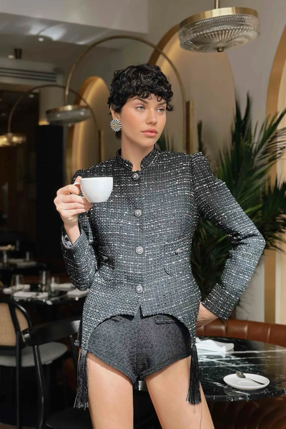 Жакет с кисточками твидовый меланж