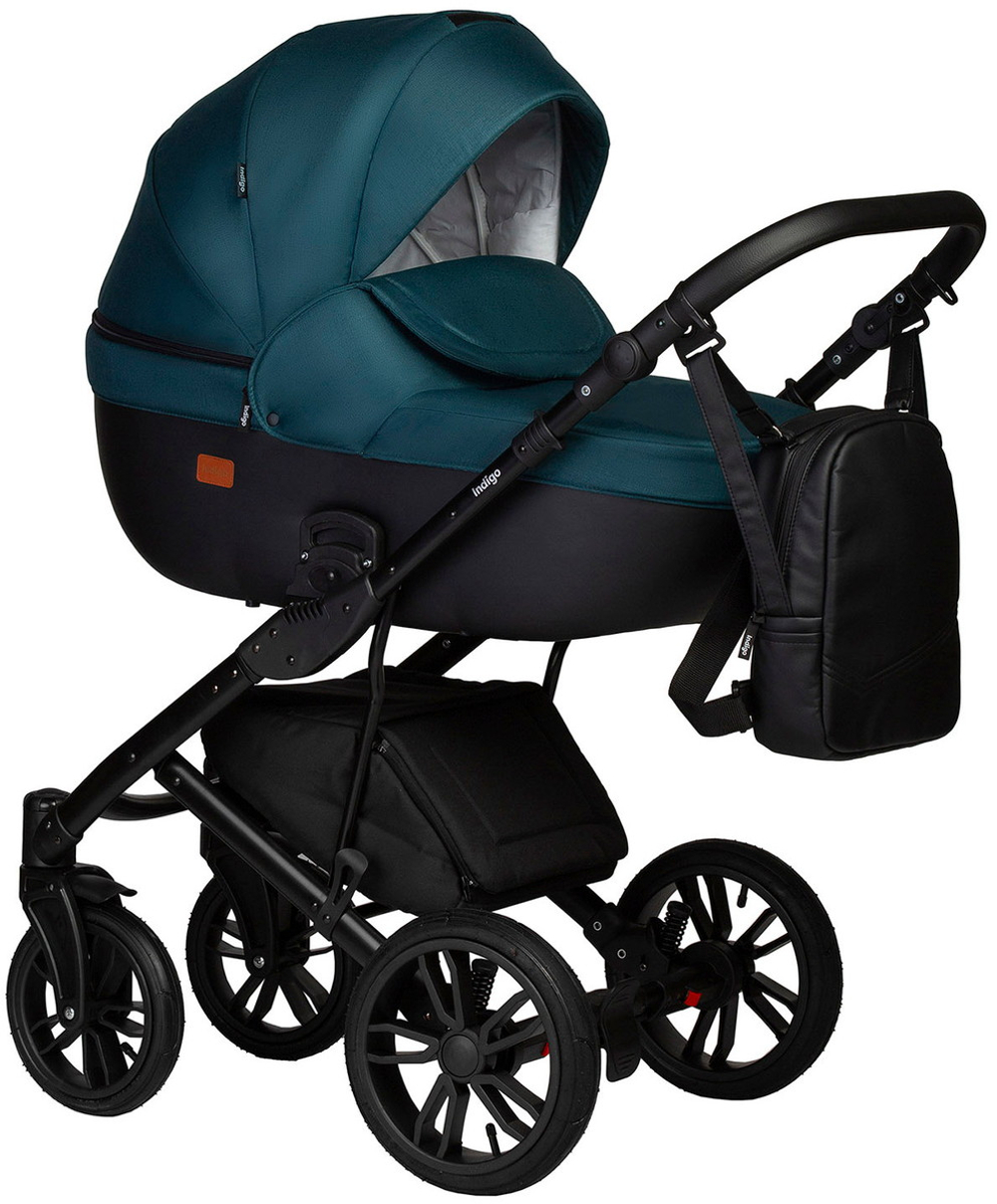 Детская коляска Indigo Mio S 3 в 1 с автокреслом Avionaut Cosmo Beige 06 черная кожа+изумрудный
