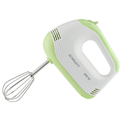 Миксер SCARLETT SC-HM40S15, 400 Вт, 5 скоростей, 2 венчика, 2 крюка для теста, белый/зеленый.