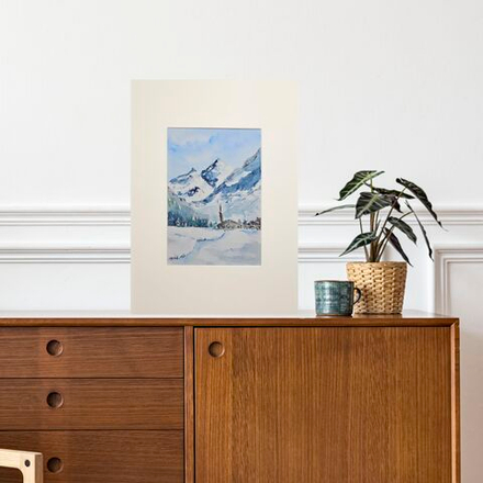 Картина авторская акварельная в паспарту 21х30 см на стену для интерьера "Зима"