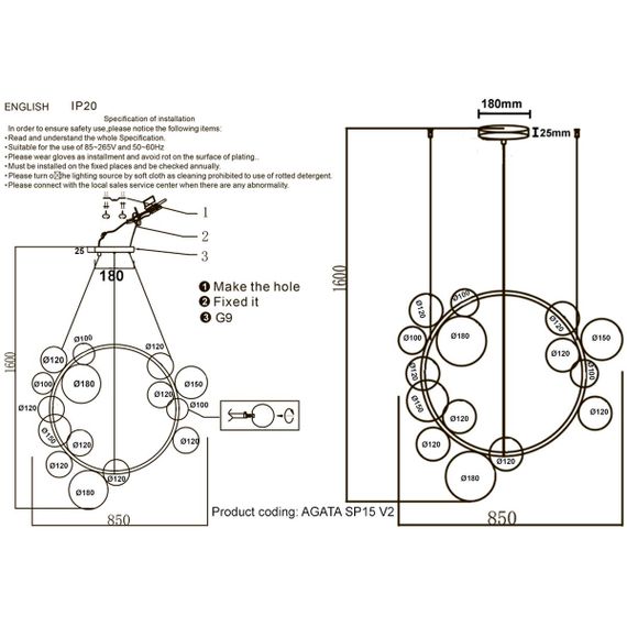 Подвесная люстра Crystal Lux Agata SP15 V2 Black/Transparente