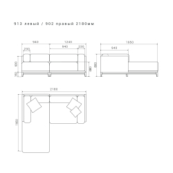 3-х местный нераскладной диван с кушеткой Case 913/902