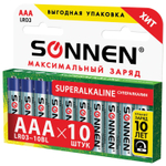 Батарейки комплект 10 шт. SONNEN Super Alkaline AAA (LR03 24А) алкалиновые мизинчиковые короб (6 штук в упаковке)
