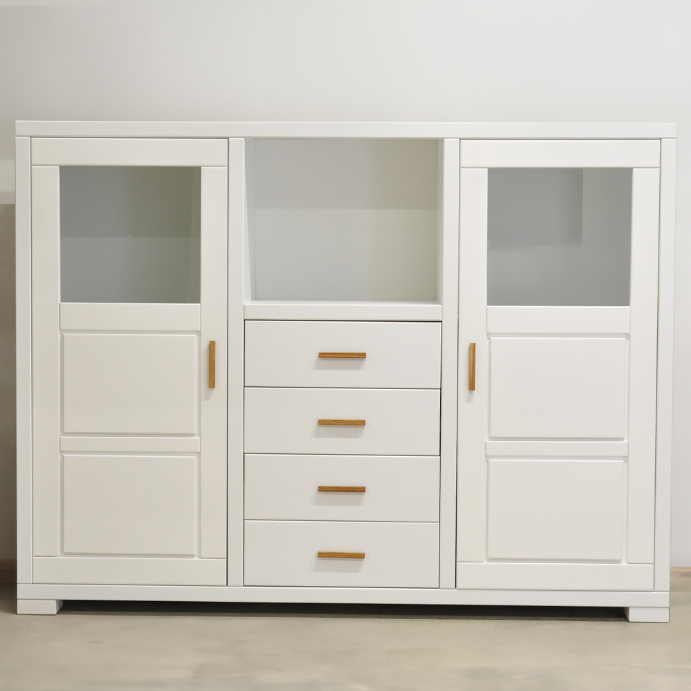 Комод 168х43х127, Мэдисон, с ящиками для одежды игрушек вещей, буфет с дверцами, с ручками из натурального дуба, белый, Dipriz