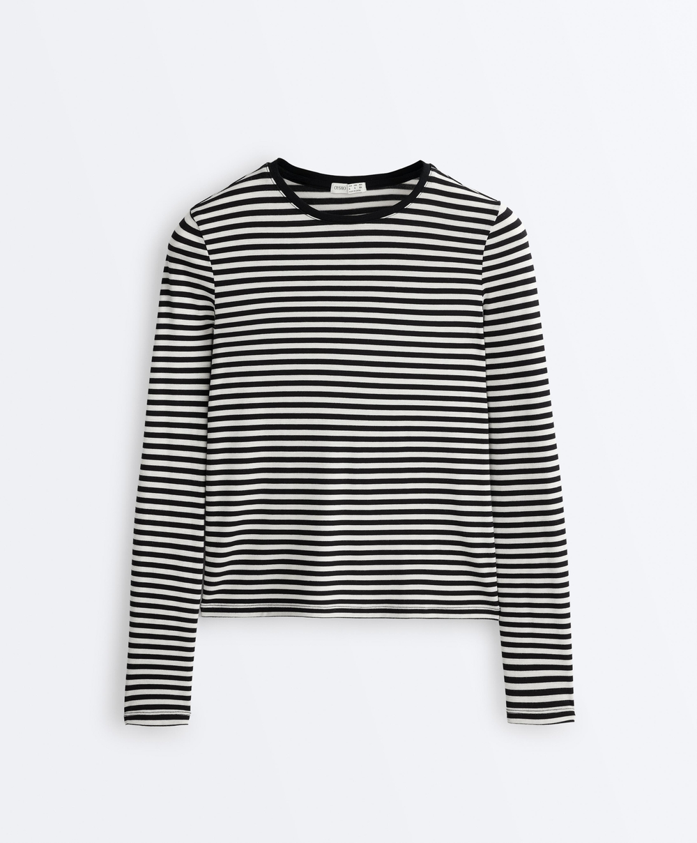 Oysho Футболка с длинным рукавом в полоску, облегающий крой, черный