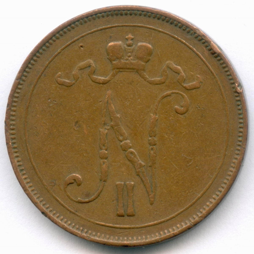 10 пенни 1907 год. Россия для Финляндии (Вензель Николая II). VF