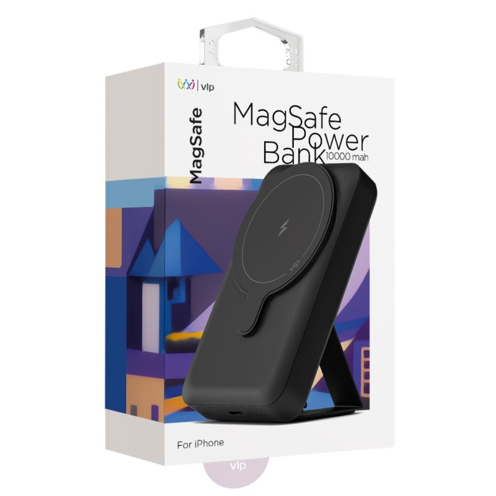Внешний аккумулятор MagSafe с подставкой VLP Power Bank (10000 мА·ч) Беспроводная зарядка: Qi 15 Вт. Проводная зарядка: USB-C. Есть LED-индикация и поддержка PD. Энергоёмкость — 38,5 Вт·ч. Максимальная выходная мощность — 20 Вт