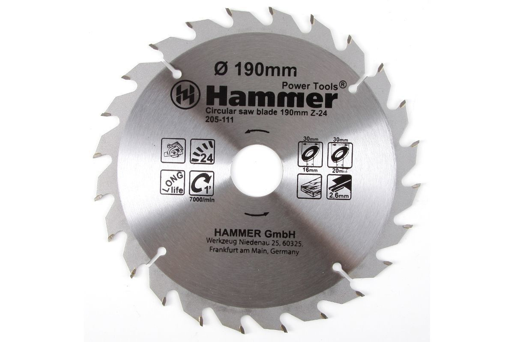 Диск пильный твердосплавный HAMMER Ф190х30мм 24зуб 205-111