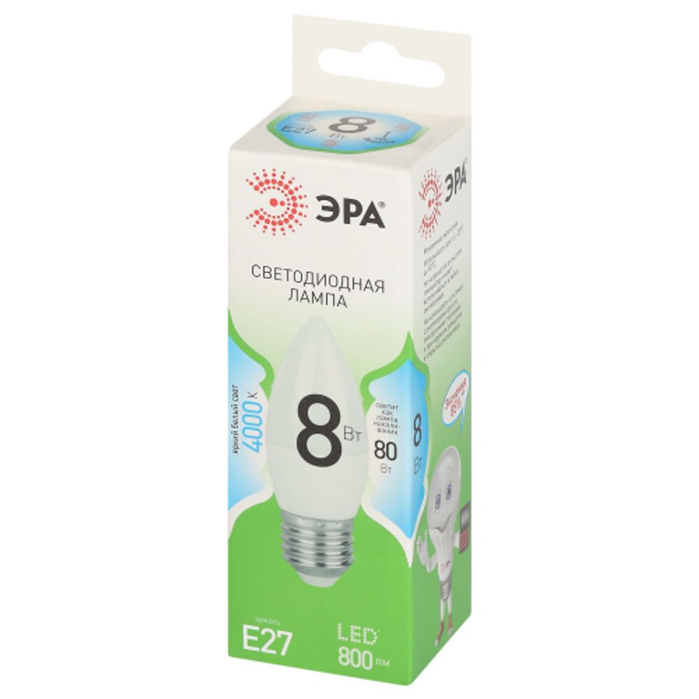 Лампочка светодиодная ЭРА GREEN LINE LED B35-8W-840-E27 GL E27 8 Вт свеча яркий белый свет