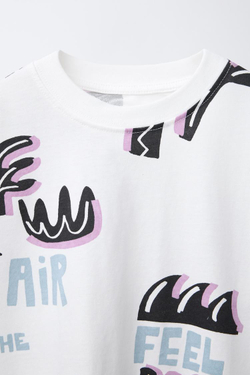 ZARA ФУТБОЛКА ИЗ ТКАНИ С ПРИНТОМ, ЭКРЮ