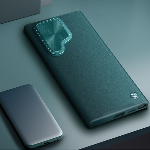 Чехол с вставками из кожи зеленого цвета (Exuberant Green) от Nillkin для Samsung Galaxy S24 Ultra, с откидной металлической крышкой для камеры, серия CamShield Prop Leather Case