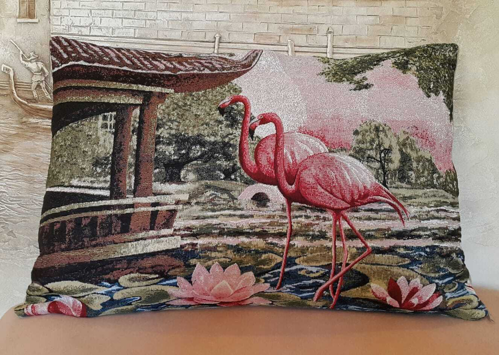 Декоративный гобеленовый чехол для интерьерной подушки  Розовый фламинго  50*70