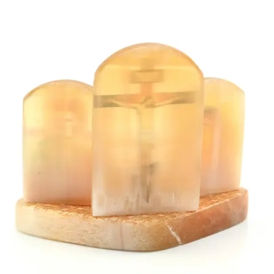 Триптих из селенита с подсвечником "Божья Матерь Казанская и Николай Чудотворец" 128*70*105 мм.