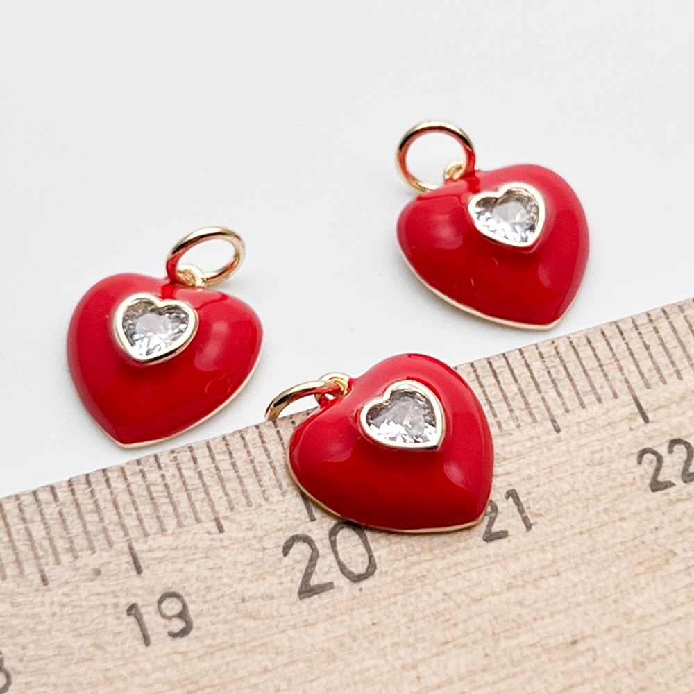 Подвеска Сердце, цвет золото+красный, фианит, размер 13*12 мм, цена за 1 шт