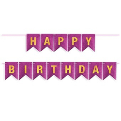 Гирлянда Флажки, Happy Birthday, Фуксия/Золото, Металлик, с блестками, 350 см, 17*12 см.