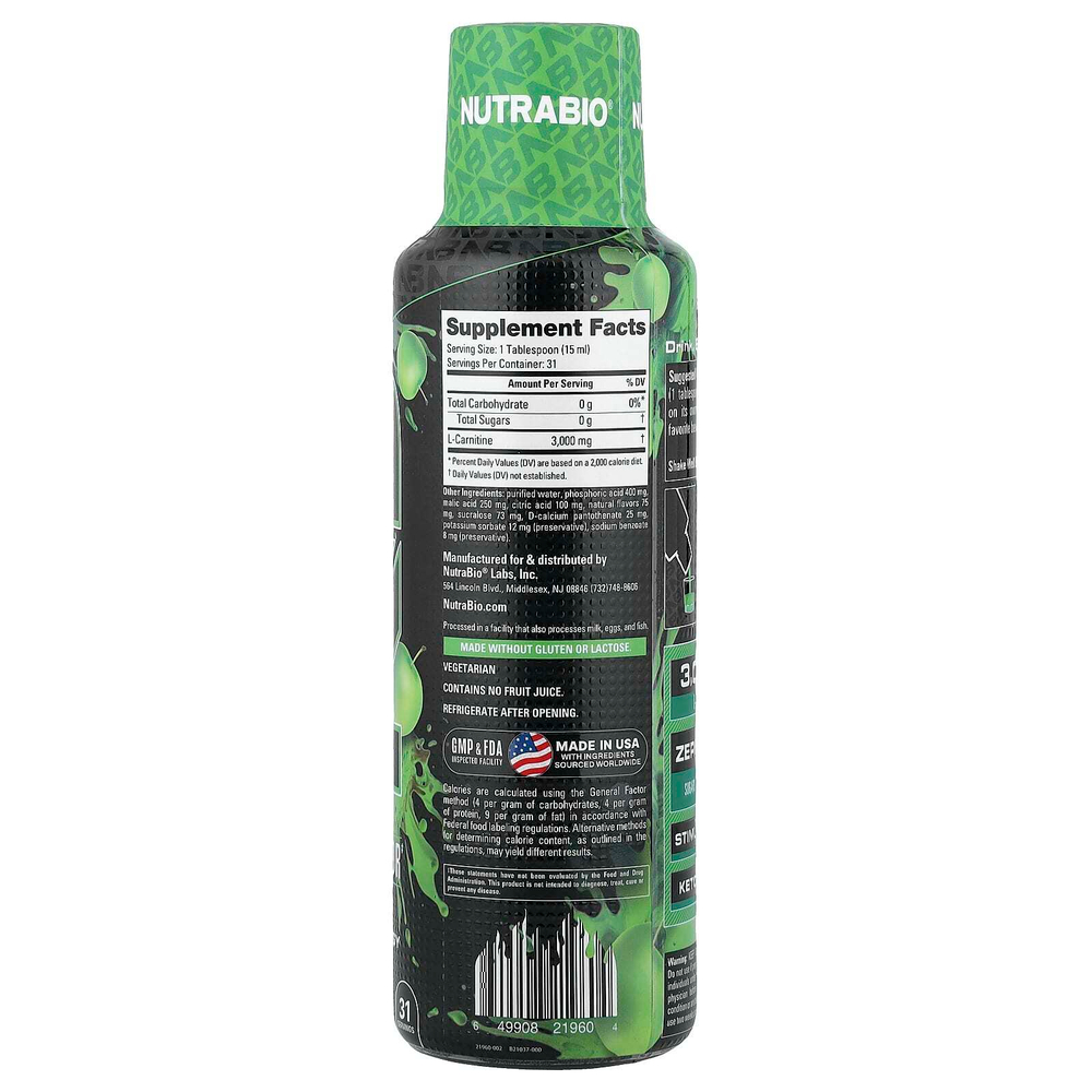 NutraBio, LeanShots L-карнитин 3000, зеленое яблоко, 473 мл (16 жидк. унц.)