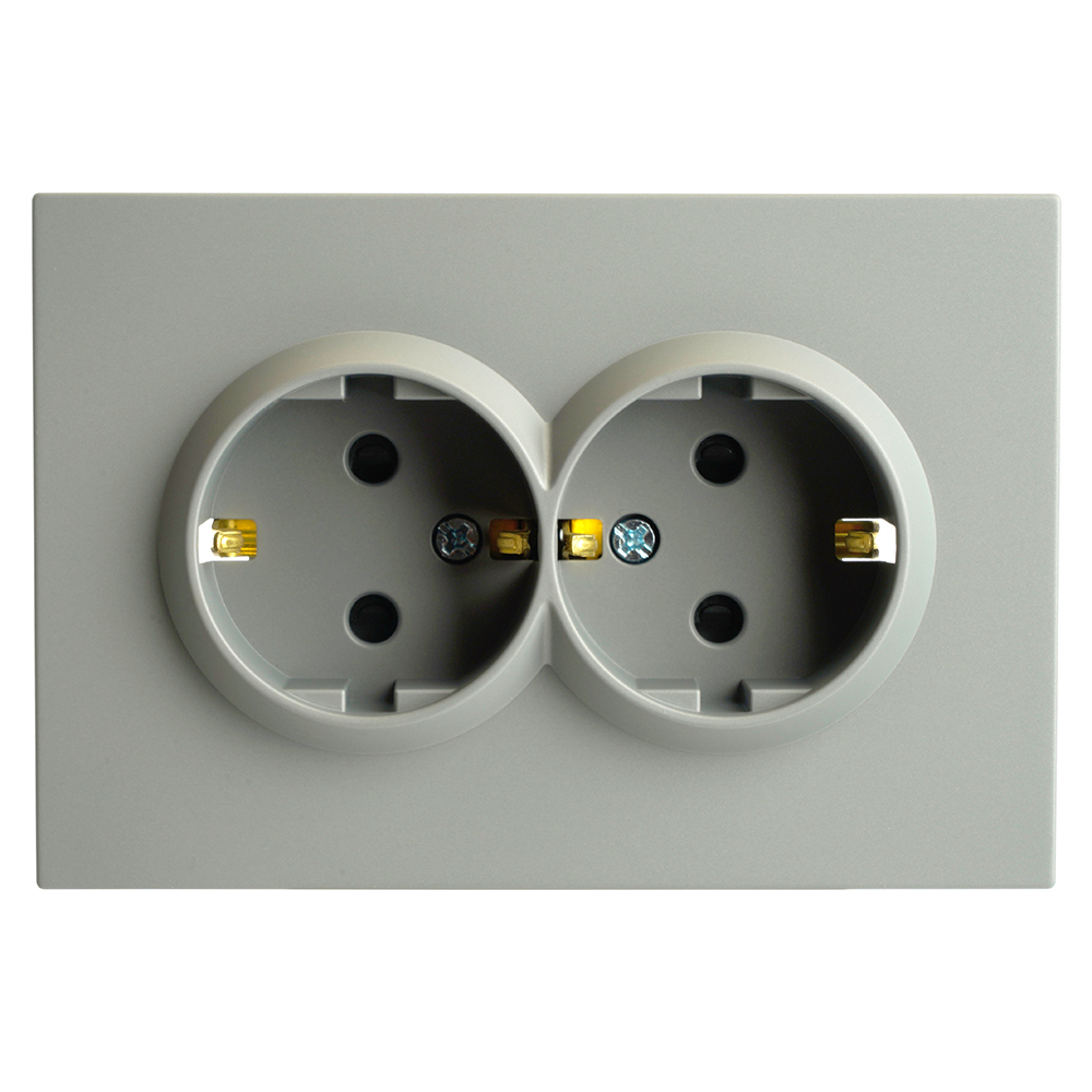 Розетка 2-местная с защитной шторкой, STEKKER, с/з, 250В, 16А, серия Эмили, RST16-5114-10, платиново-серый, soft touch 49960