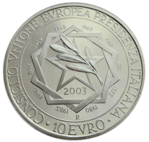 10 евро. Президентство Италии Евросоюз. 2003 г. Серебро