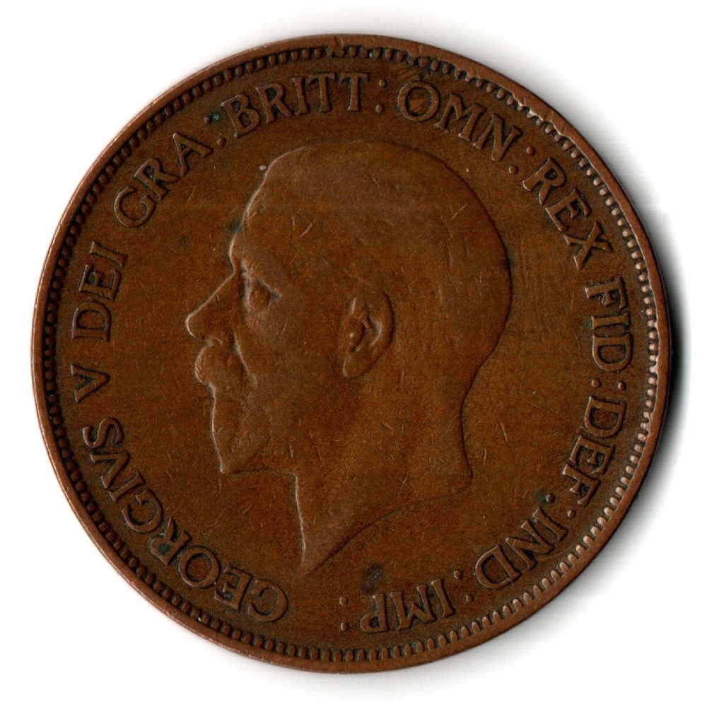 1 пенни 1929 год. Великобритания (Георг V). Бронза, диаметр 30.8 мм. VF