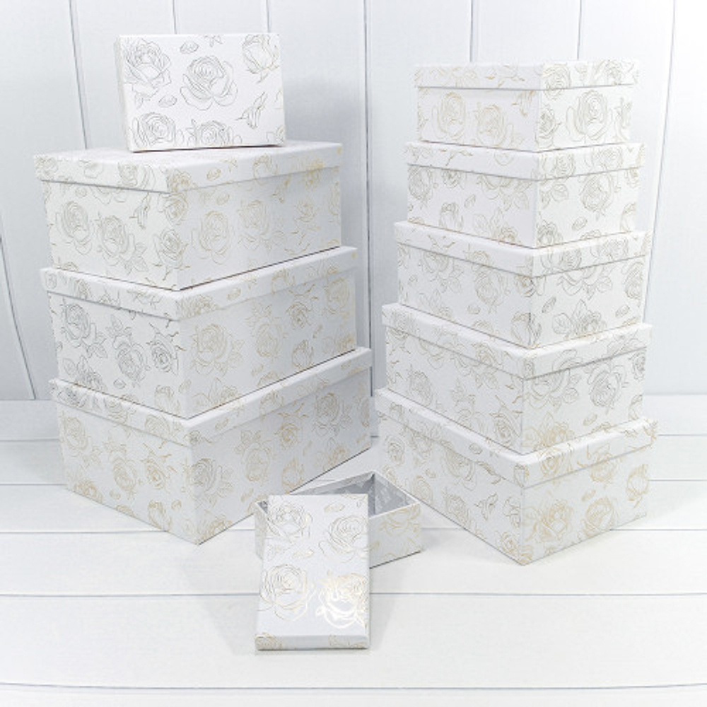 Коробка 34х26х15.3 см Набор 10 шт "Розы" с тиснением (Белый)