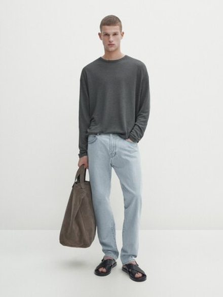Massimo Dutti Льняной свитер с круглым вырезом, свинцовый