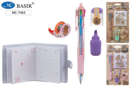 Блокнот А8 клеевой кор. "Капибара" лин, на кнопке + 4-цв.мини-ручка, скотч, текст.маркер