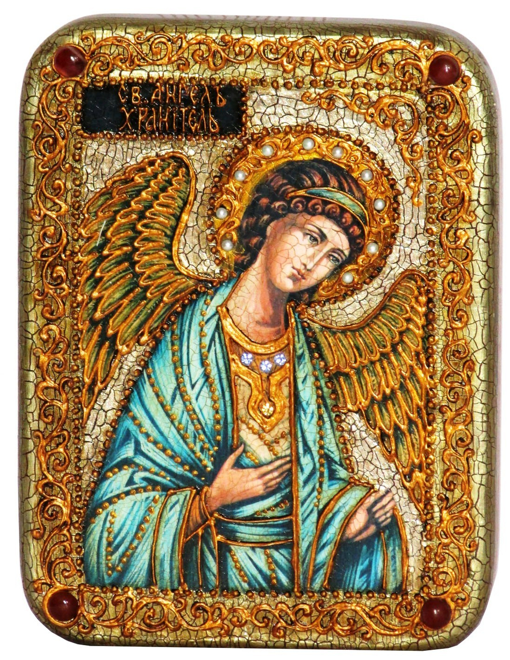 Инкрустированная икона Ангел Хранитель 20х15см на натуральном дереве в подарочной коробке
