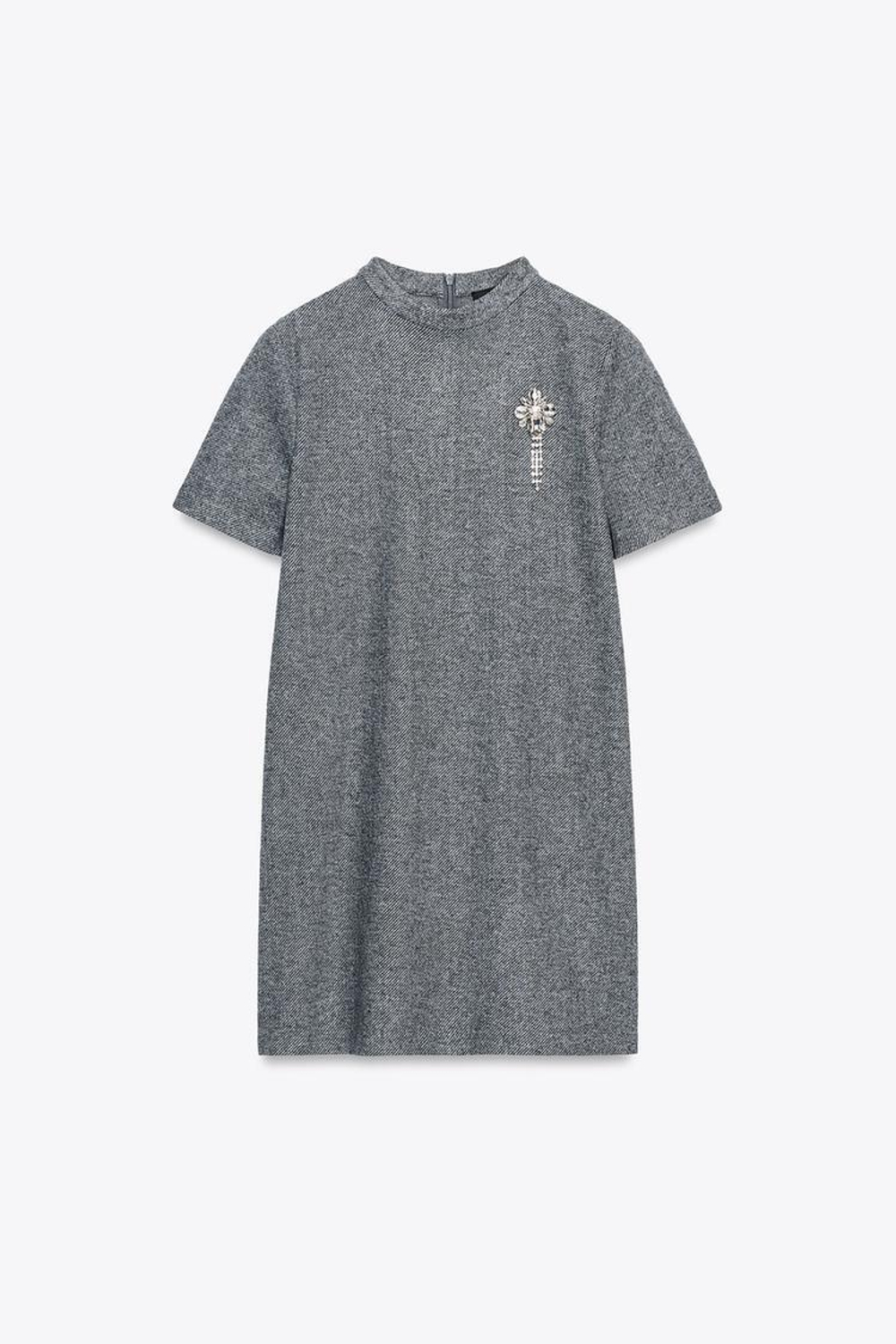 ZARA ПЛАТЬЕ С УКРАШЕНИЯМИ, СЕРЫЙ МЕЛАНЖ
