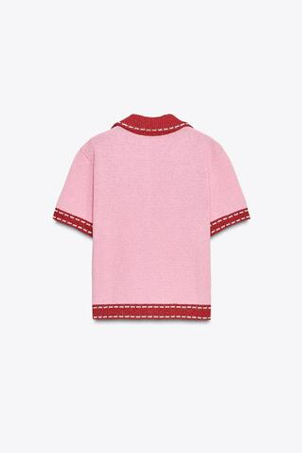 ZARA ТРИКОТАЖНЫЙ КАРДИГАН С КОРОТКИМИ РУКАВАМИ И ДЕКОРАТИВНОЙ СТРОЧКОЙ, РОЗОВЫЙ
