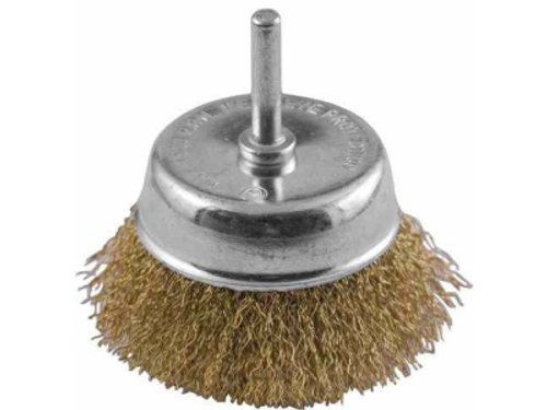 Корщетка чашечная со шпилькой стальная латунированная волнистая проволока 75мм