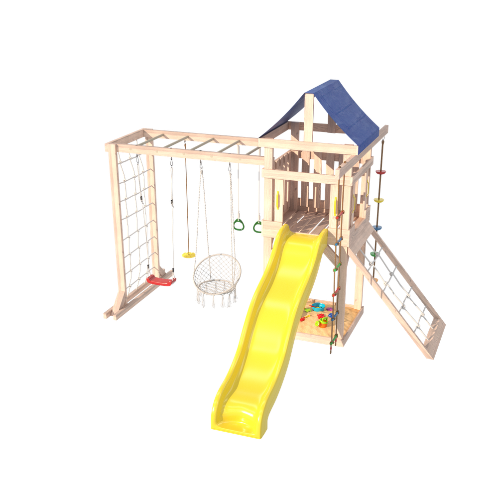 Детская площадка Fun Land неокрашенная с модулем сетка-рукоход, мини сеткой, подвесным креслом и качелями