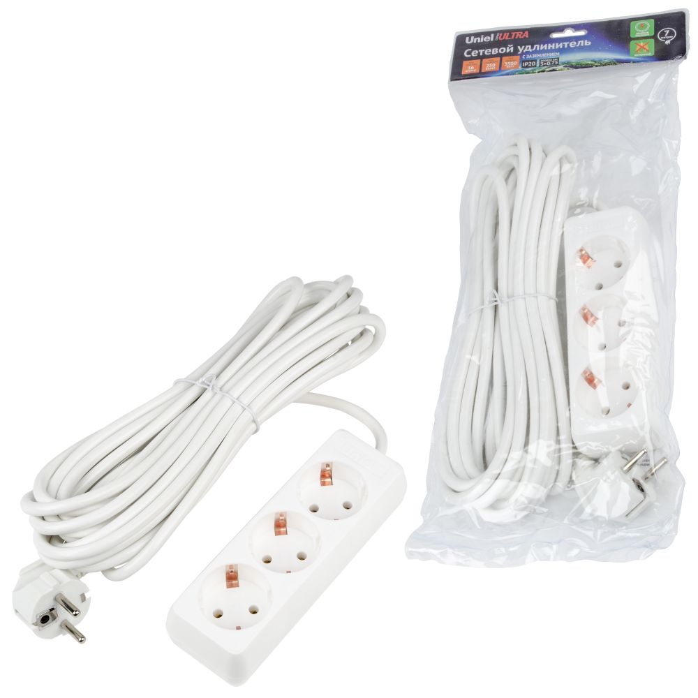 S-GCU3-7 WHITE Удлинитель серии Ultra, шнур 7м., 3 гнезда, 16A, с/з. Белый. TM Uniel