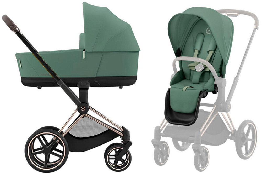 Коляска 3 в 1 Cybex Priam IV Rosegold complete и автокресло Cloud T i-Size Cozy Beige Plus Leaf Green