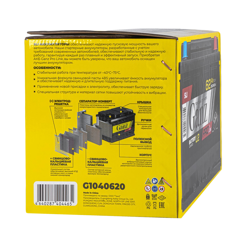 Аккумулятор GANZ PRO-Line DIN 62 А/ч обратный R+ 242x175x190 L2 EN 550 А