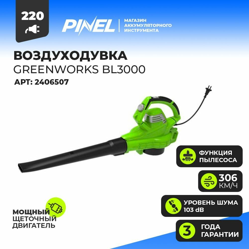 Воздуходувка-пылесос GREENWORKS BL3000 3000Вт,скорость возд.306 км/ч,2 функции (2406507)