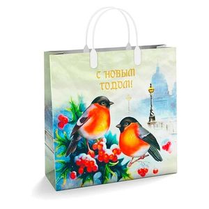 Сумка новогодняя Россия 30*30 см 150 мкм пласт. ручка Пернатые друзья 1 шт 40 шт/кор