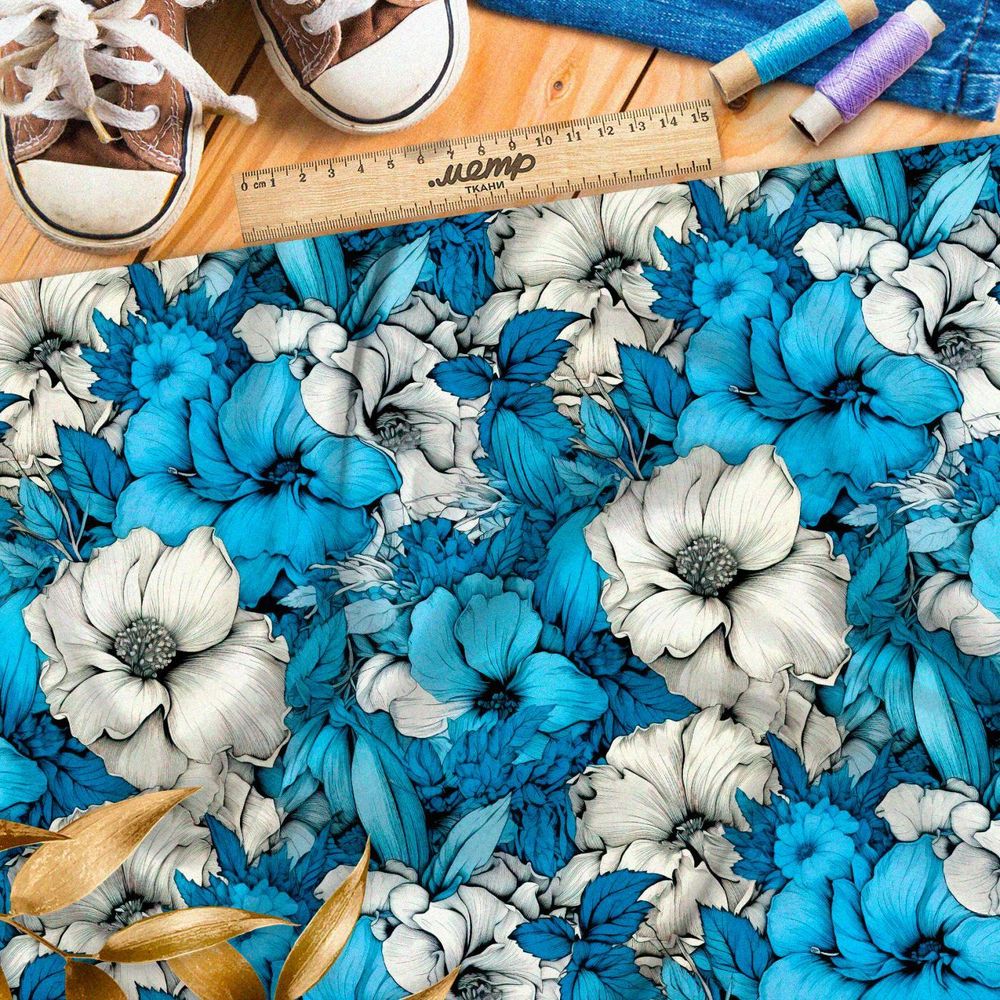 Ткань премиум мембрана бело-голубой фантазийный цветник